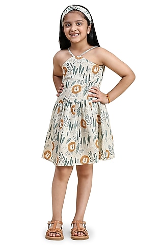 Off-White Pure Linen Printed Dress For Girls by FUNNY BONES CLOTHINGS