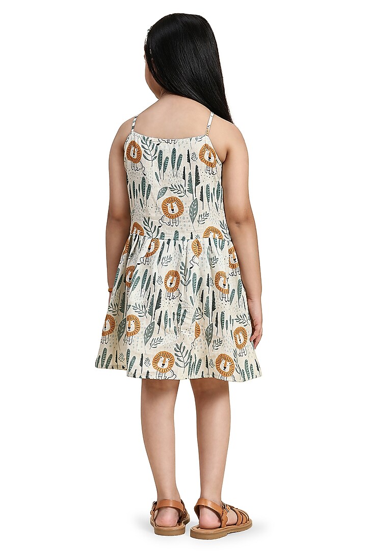 Off-White Pure Linen Printed Dress For Girls by FUNNY BONES CLOTHINGS at Pernia's Pop Up Shop