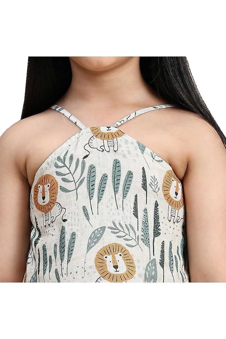 Off-White Pure Linen Printed Dress For Girls by FUNNY BONES CLOTHINGS at Pernia's Pop Up Shop