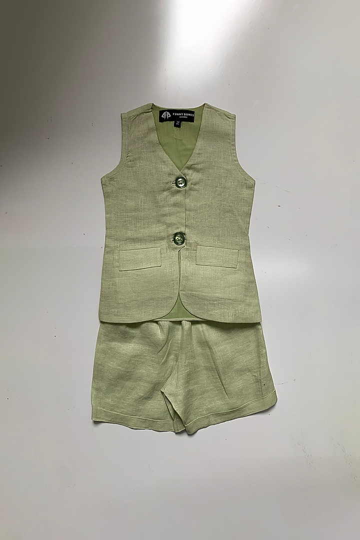Green Pure Linen Co-Ord Set For Girls by FUNNY BONES CLOTHINGS at Pernia's Pop Up Shop