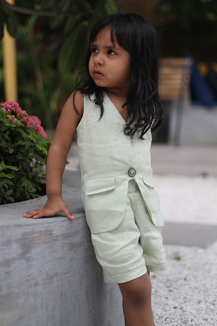 Green Pure Linen Co-Ord Set For Girls by FUNNY BONES CLOTHINGS at Pernia's Pop Up Shop