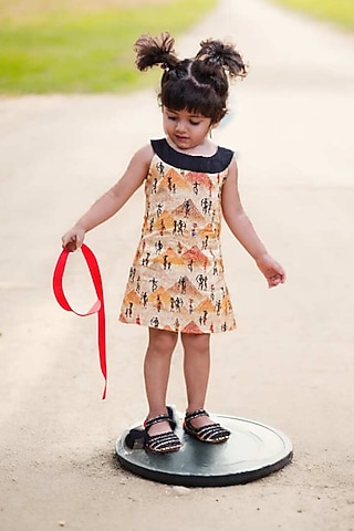 Orange Pure Linen Printed Dress For Girls by FUNNY BONES CLOTHINGS