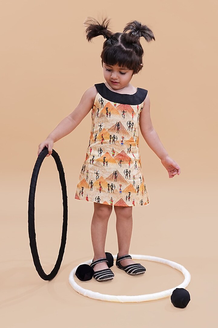 Orange Pure Linen Printed Dress For Girls by FUNNY BONES CLOTHINGS at Pernia's Pop Up Shop