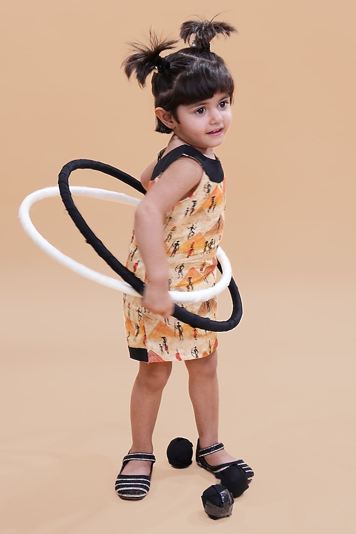 Orange Pure Linen Printed Dress For Girls by FUNNY BONES CLOTHINGS at Pernia's Pop Up Shop