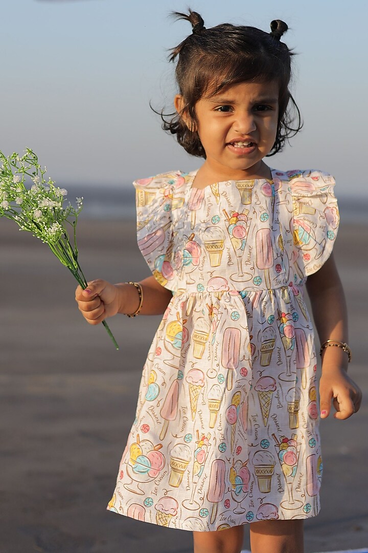 Multi-Colored Pure Linen Printed Dress For Girls by FUNNY BONES CLOTHINGS at Pernia's Pop Up Shop