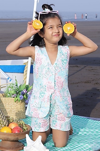 Multi-Colored Pure Linen Printed Co-Ord Set For Girls by FUNNY BONES CLOTHINGS