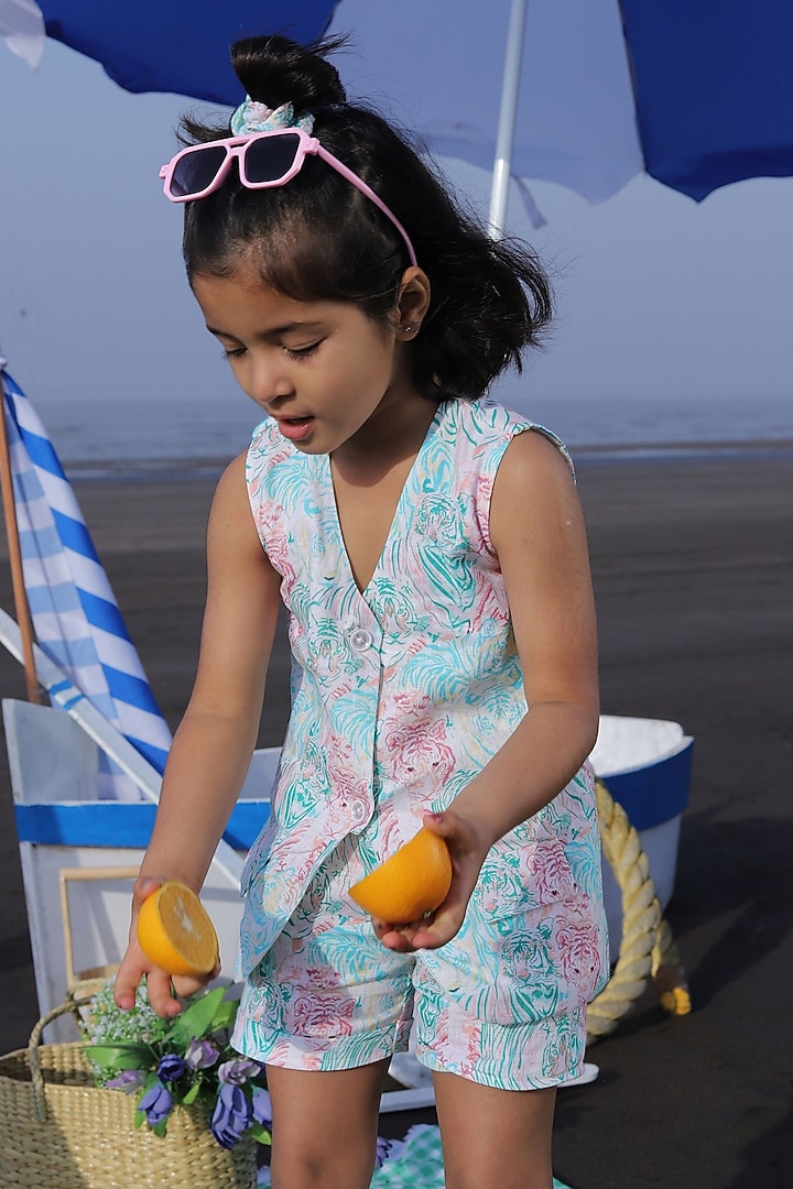 Multi-Colored Pure Linen Printed Co-Ord Set For Girls by FUNNY BONES CLOTHINGS at Pernia's Pop Up Shop