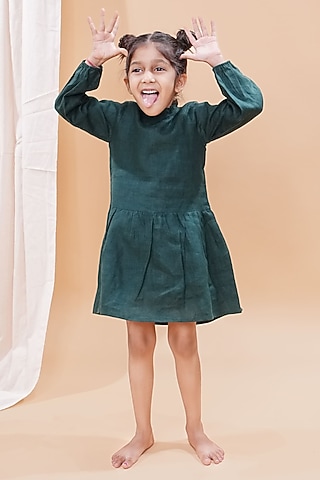 Dark Green Pure Linen Printed Dress For Girls by FUNNY BONES CLOTHINGS