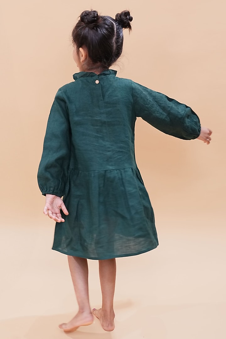 Dark Green Pure Linen Printed Dress For Girls by FUNNY BONES CLOTHINGS at Pernia's Pop Up Shop
