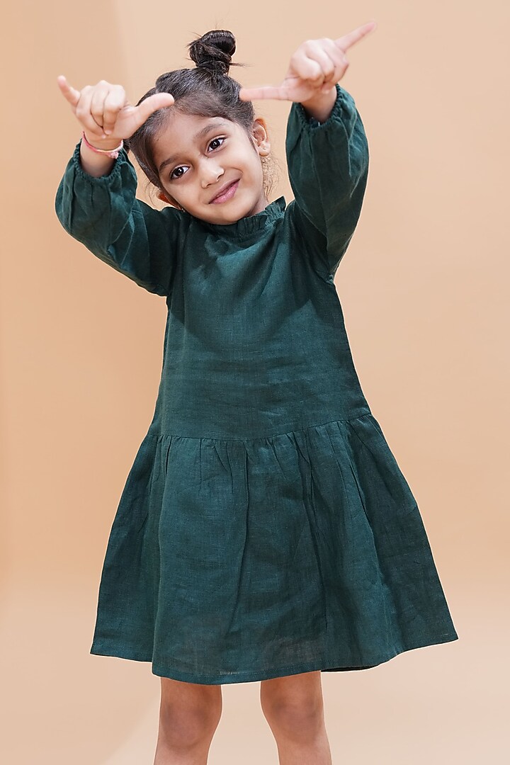 Dark Green Pure Linen Printed Dress For Girls by FUNNY BONES CLOTHINGS at Pernia's Pop Up Shop