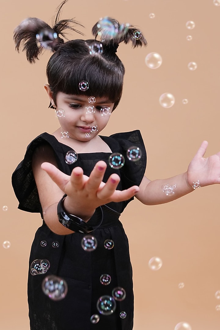 Black Pure Linen Dress For Girls by FUNNY BONES CLOTHINGS at Pernia's Pop Up Shop