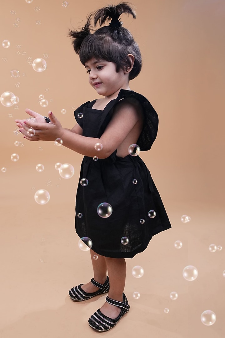 Black Pure Linen Dress For Girls by FUNNY BONES CLOTHINGS at Pernia's Pop Up Shop