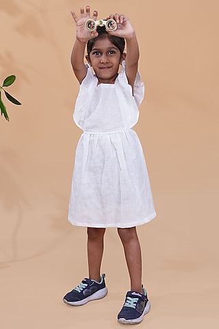 White Pure Linen Dress For Girls by FUNNY BONES CLOTHINGS