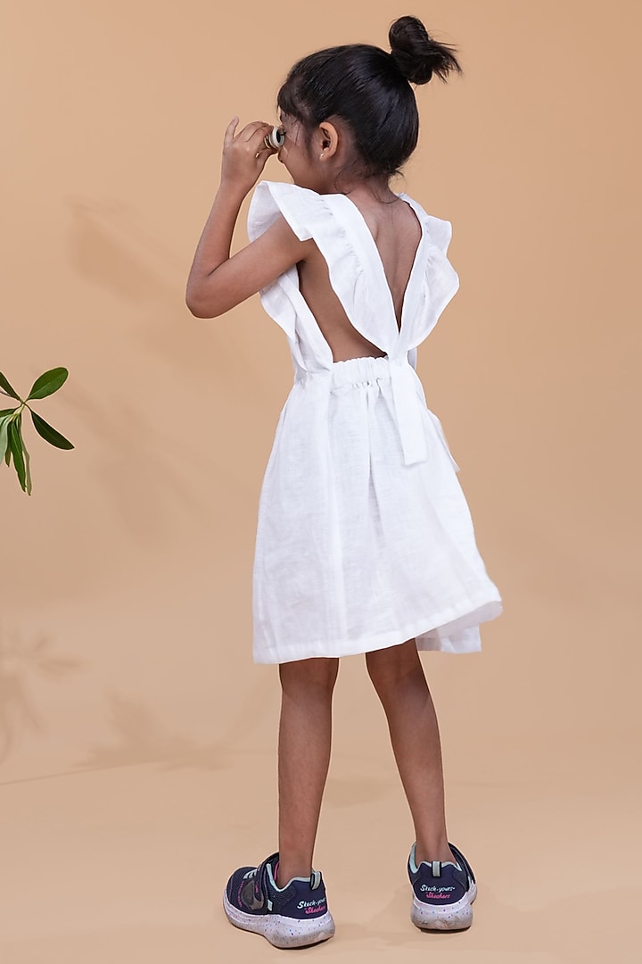 White Pure Linen Dress For Girls by FUNNY BONES CLOTHINGS at Pernia's Pop Up Shop