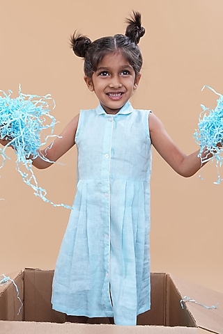 Sky Blue Pure Linen Dress For Girls by FUNNY BONES CLOTHINGS
