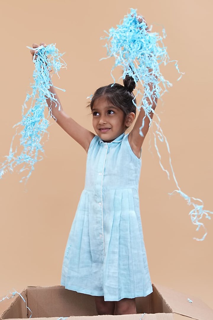 Sky Blue Pure Linen Dress For Girls by FUNNY BONES CLOTHINGS at Pernia's Pop Up Shop