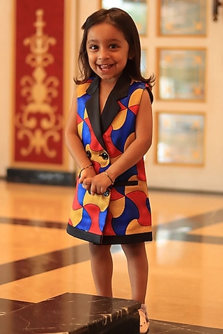Multi-Colored Satin Printed Blazer Dress For Girls by FUNNY BONES CLOTHINGS