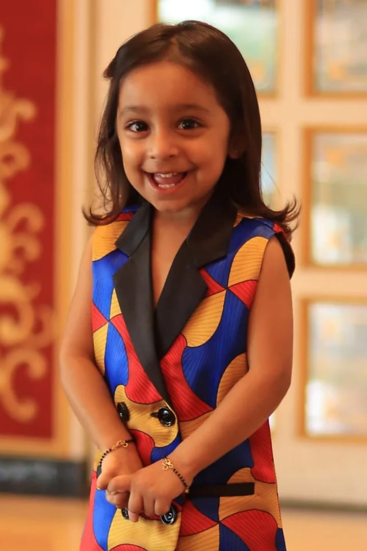 Multi-Colored Satin Printed Blazer Dress For Girls by FUNNY BONES CLOTHINGS at Pernia's Pop Up Shop