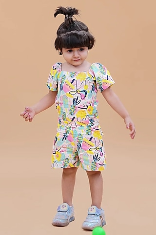 Multi-Colored Pure Linen Printed Jumpsuit For Girls by FUNNY BONES CLOTHINGS