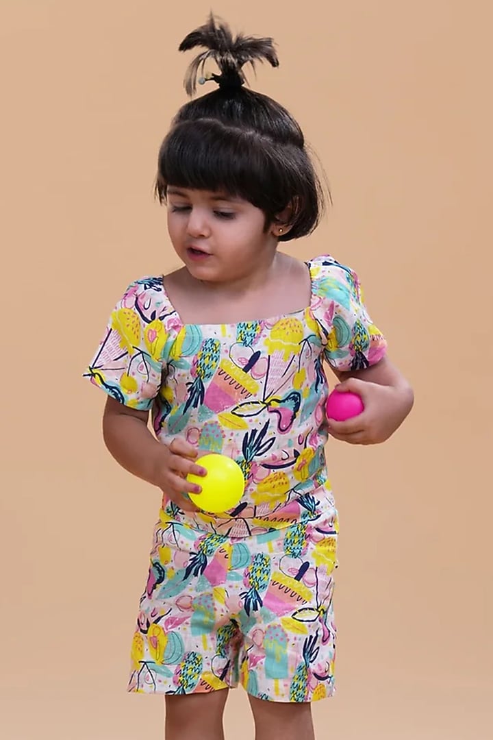 Multi-Colored Pure Linen Printed Jumpsuit For Girls by FUNNY BONES CLOTHINGS at Pernia's Pop Up Shop