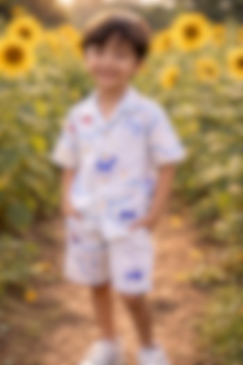 White Pure Linen Printed Co-Ord Set For Boys by FUNNY BONES CLOTHINGS at Pernia's Pop Up Shop