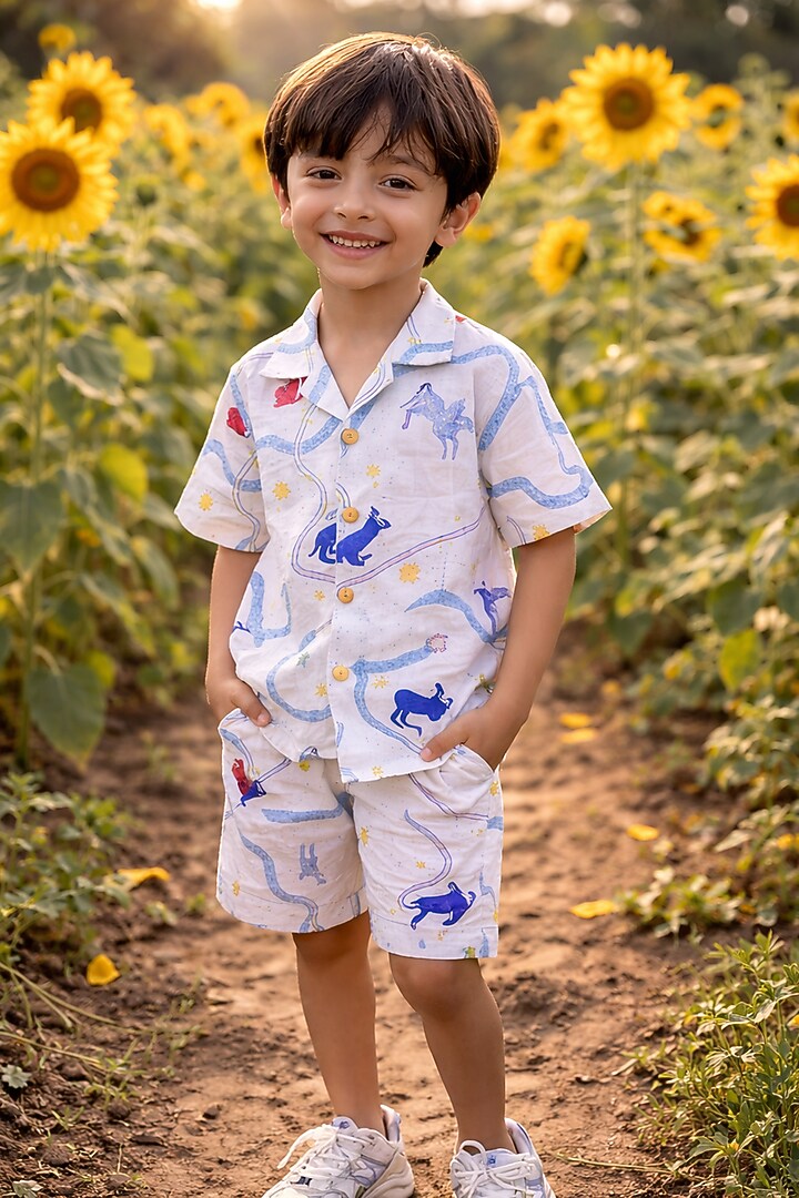 White Pure Linen Printed Co-Ord Set For Boys by FUNNY BONES CLOTHINGS at Pernia's Pop Up Shop