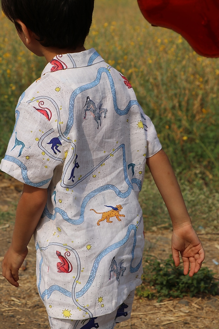White Pure Linen Printed Co-Ord Set For Boys by FUNNY BONES CLOTHINGS at Pernia's Pop Up Shop