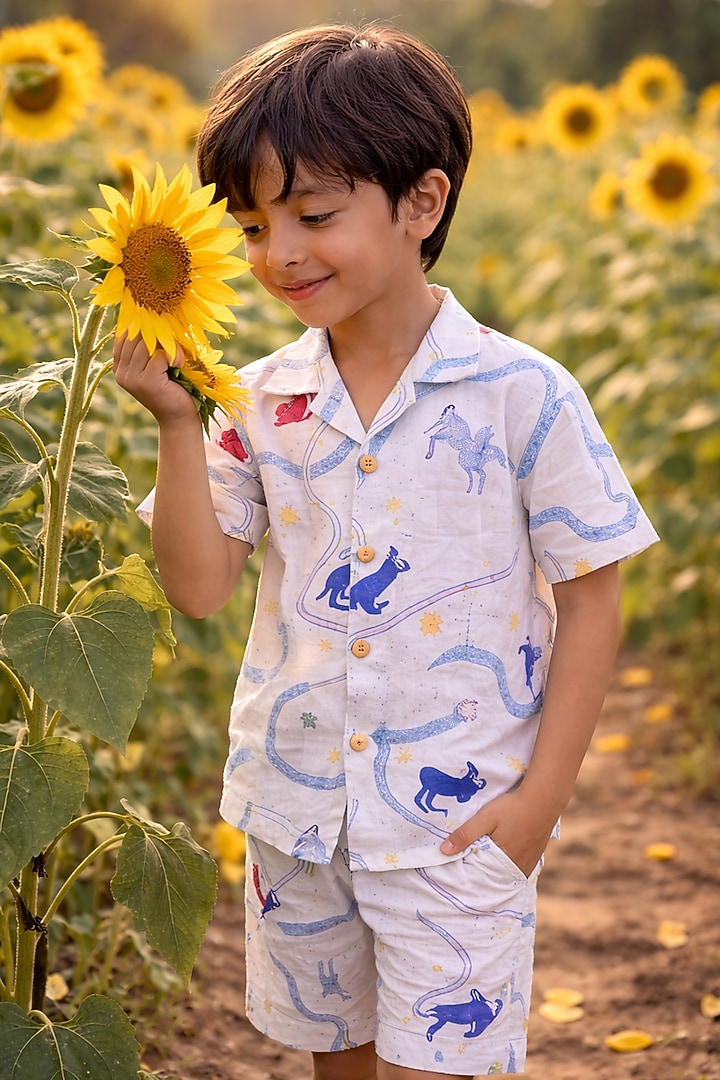 White Pure Linen Printed Co-Ord Set For Boys by FUNNY BONES CLOTHINGS at Pernia's Pop Up Shop