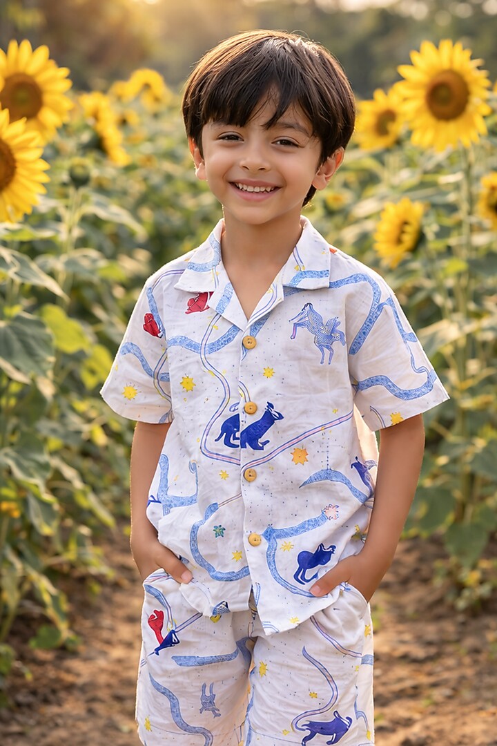 White Pure Linen Printed Co-Ord Set For Boys by FUNNY BONES CLOTHINGS at Pernia's Pop Up Shop
