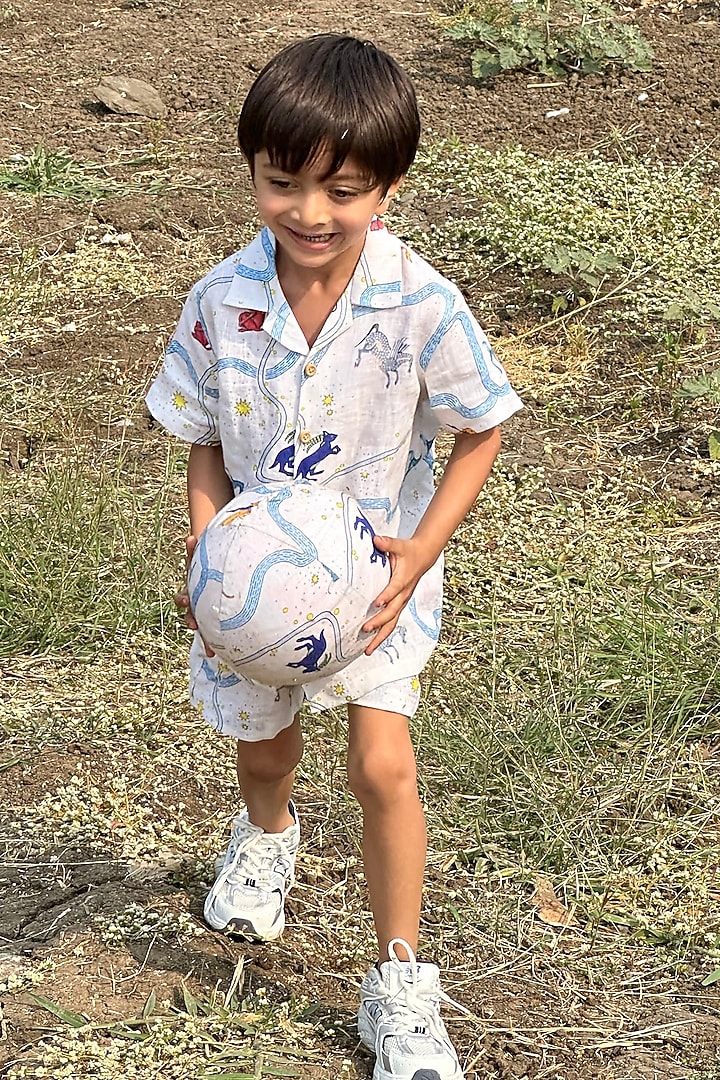 White Pure Linen Printed Co-Ord Set For Boys by FUNNY BONES CLOTHINGS at Pernia's Pop Up Shop