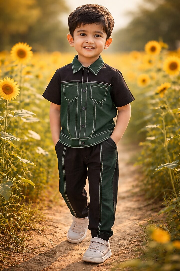 Black Pure Linen Printed & Handwork Co-Ord Set For Boys by FUNNY BONES CLOTHINGS at Pernia's Pop Up Shop