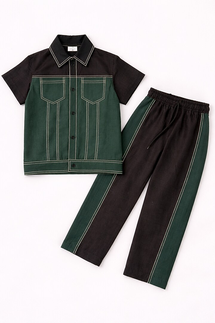 Black Pure Linen Printed & Handwork Co-Ord Set For Boys by FUNNY BONES CLOTHINGS at Pernia's Pop Up Shop