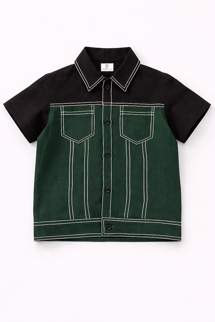 Black Pure Linen Printed & Handwork Co-Ord Set For Boys by FUNNY BONES CLOTHINGS at Pernia's Pop Up Shop
