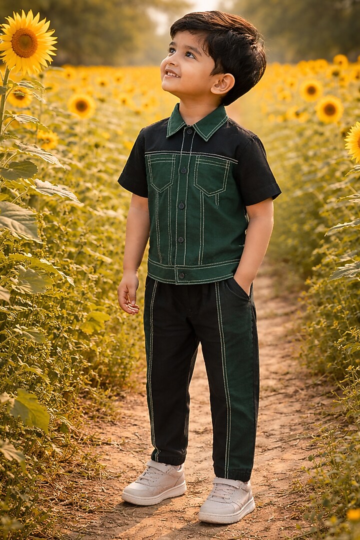 Black Pure Linen Printed & Handwork Co-Ord Set For Boys by FUNNY BONES CLOTHINGS at Pernia's Pop Up Shop