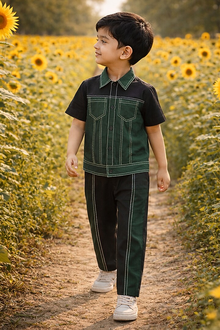Black Pure Linen Printed & Handwork Co-Ord Set For Boys by FUNNY BONES CLOTHINGS at Pernia's Pop Up Shop