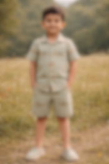 Green Pure Linen Printed Co-Ord Set For Boys by FUNNY BONES CLOTHINGS at Pernia's Pop Up Shop