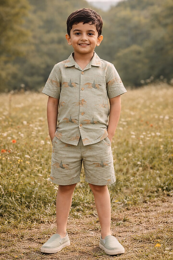 Green Pure Linen Printed Co-Ord Set For Boys by FUNNY BONES CLOTHINGS at Pernia's Pop Up Shop