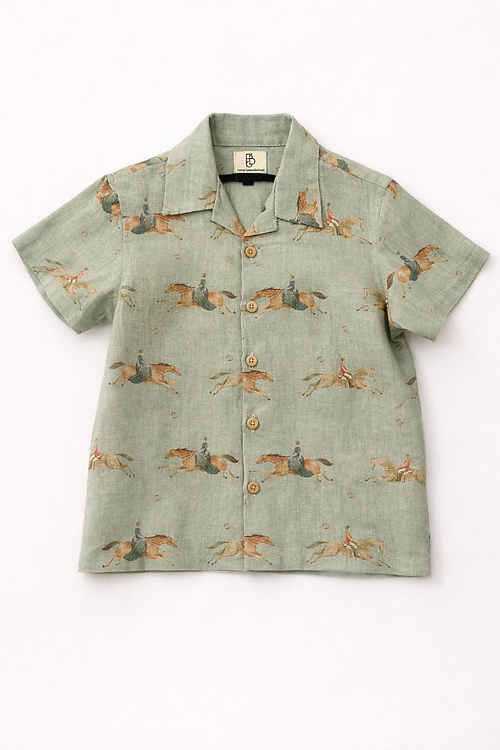 Green Pure Linen Printed Co-Ord Set For Boys by FUNNY BONES CLOTHINGS at Pernia's Pop Up Shop
