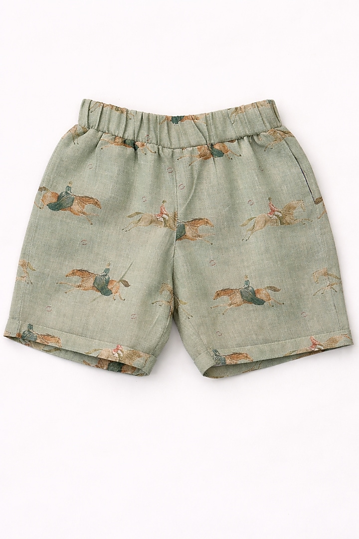 Green Pure Linen Printed Co-Ord Set For Boys by FUNNY BONES CLOTHINGS at Pernia's Pop Up Shop