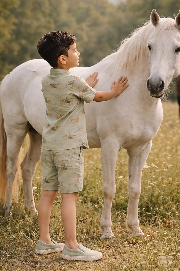Green Pure Linen Printed Co-Ord Set For Boys by FUNNY BONES CLOTHINGS at Pernia's Pop Up Shop