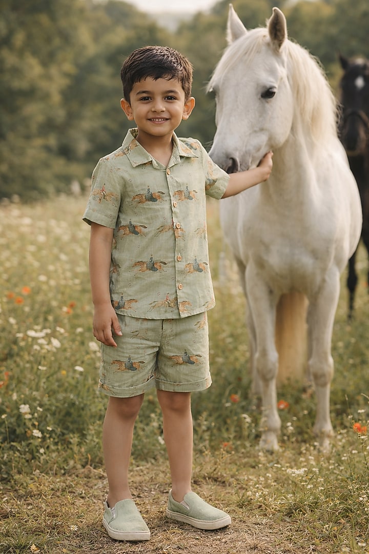 Green Pure Linen Printed Co-Ord Set For Boys by FUNNY BONES CLOTHINGS at Pernia's Pop Up Shop