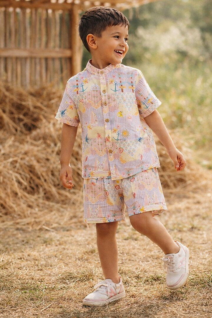 Multi-Colored Pure Linen Printed Co-Ord Set For Boys by FUNNY BONES CLOTHINGS at Pernia's Pop Up Shop