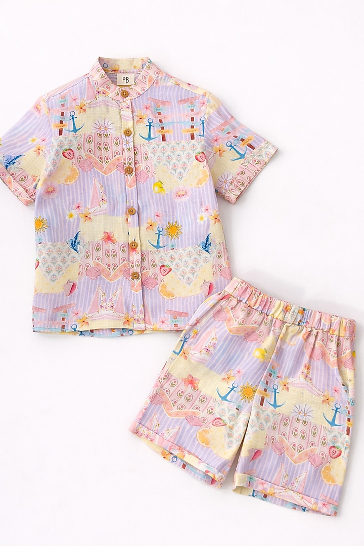 Multi-Colored Pure Linen Printed Co-Ord Set For Boys by FUNNY BONES CLOTHINGS at Pernia's Pop Up Shop