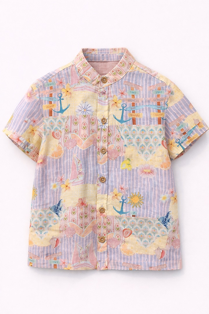 Multi-Colored Pure Linen Printed Co-Ord Set For Boys by FUNNY BONES CLOTHINGS at Pernia's Pop Up Shop