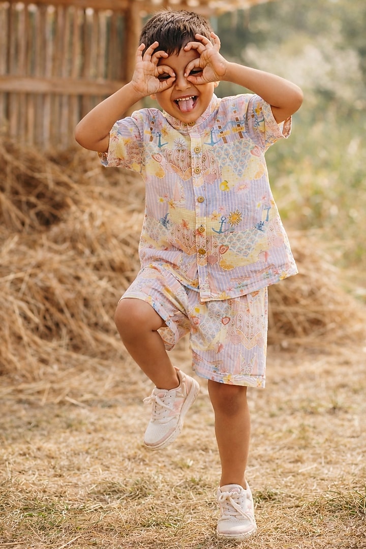 Multi-Colored Pure Linen Printed Co-Ord Set For Boys by FUNNY BONES CLOTHINGS at Pernia's Pop Up Shop