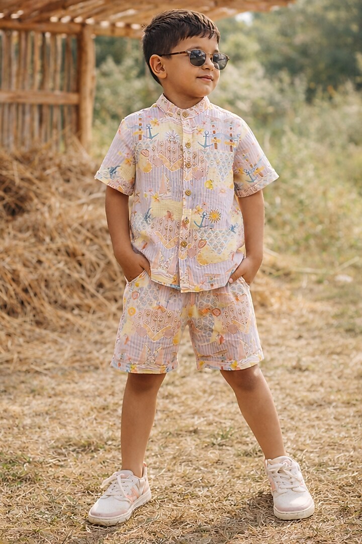 Multi-Colored Pure Linen Printed Co-Ord Set For Boys by FUNNY BONES CLOTHINGS at Pernia's Pop Up Shop