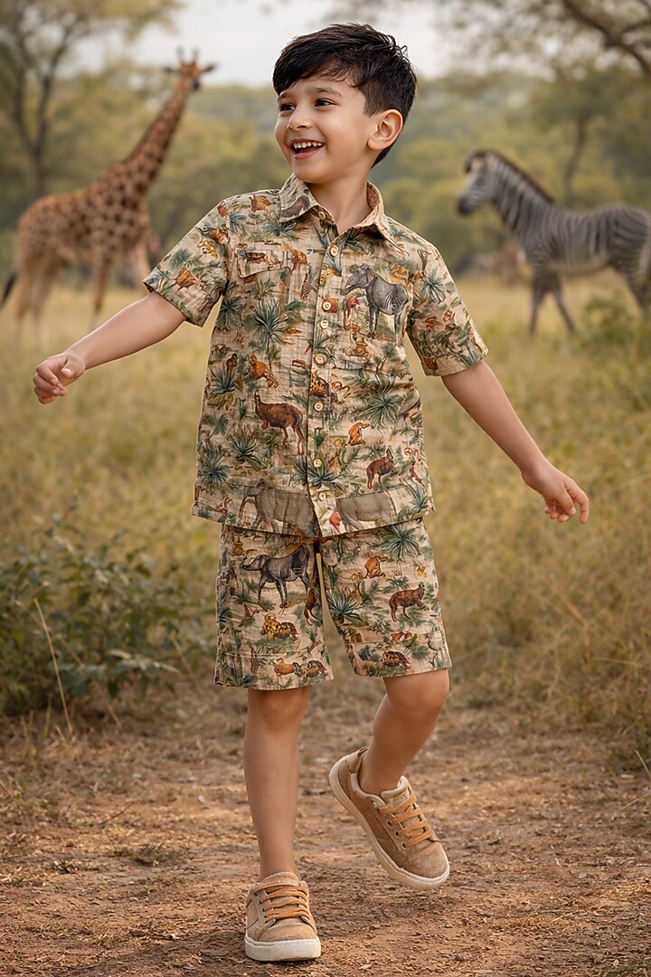 Multi-Colored Pure Linen Printed Co-Ord Set For Boys by FUNNY BONES CLOTHINGS at Pernia's Pop Up Shop