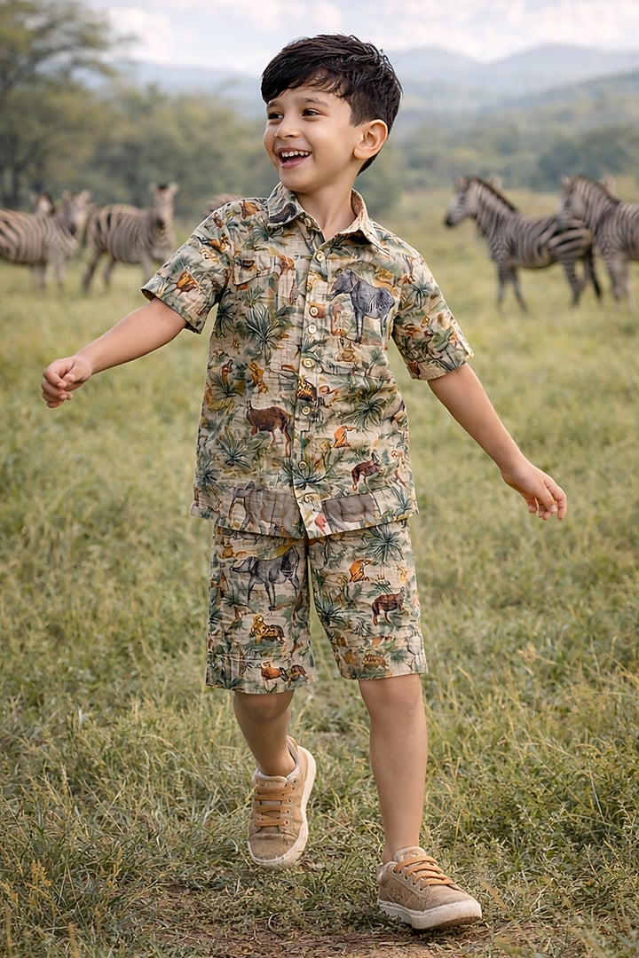 Multi-Colored Pure Linen Printed Co-Ord Set For Boys by FUNNY BONES CLOTHINGS at Pernia's Pop Up Shop