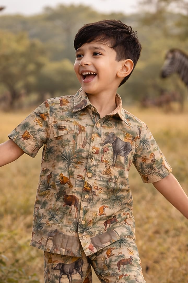 Multi-Colored Pure Linen Printed Co-Ord Set For Boys by FUNNY BONES CLOTHINGS at Pernia's Pop Up Shop