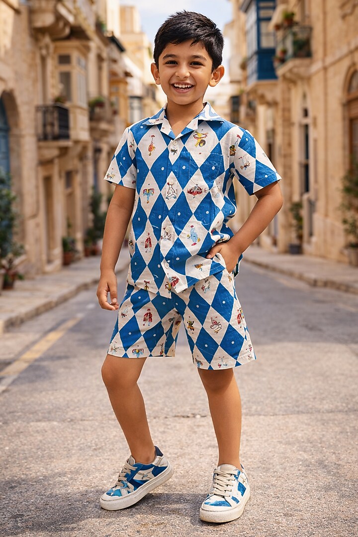 Multi-Colored Pure Linen Printed Co-Ord Set For Boys by FUNNY BONES CLOTHINGS at Pernia's Pop Up Shop